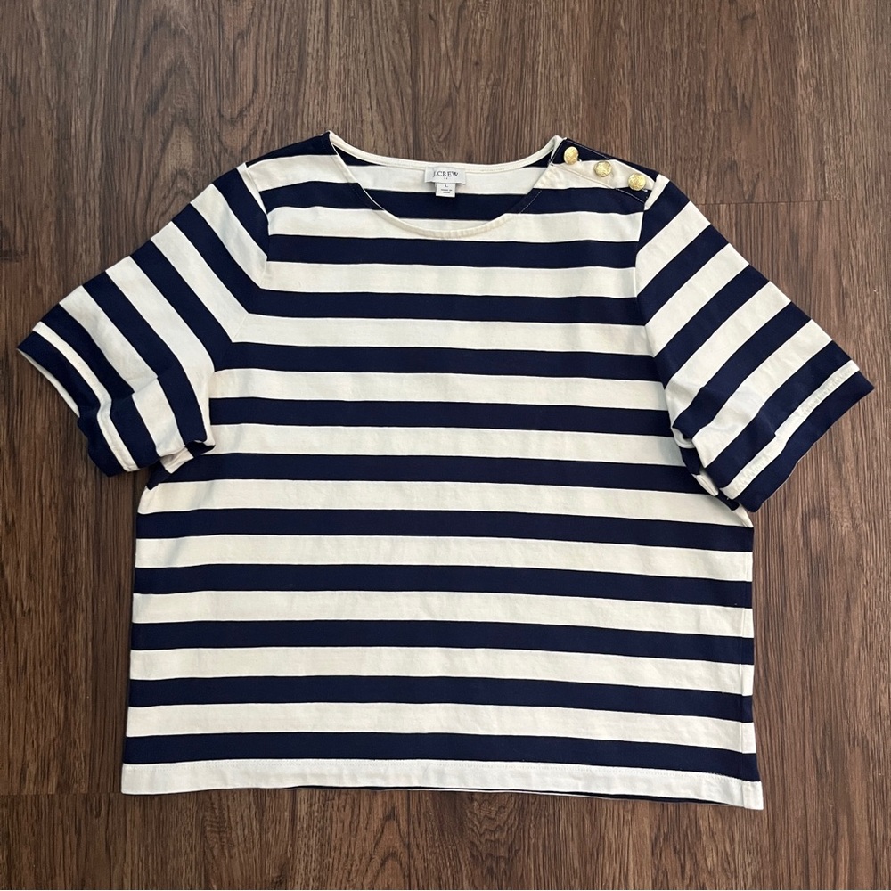 J. Crew Navy Blue/Cream Striped Cotton Top w/Gold Button Detail